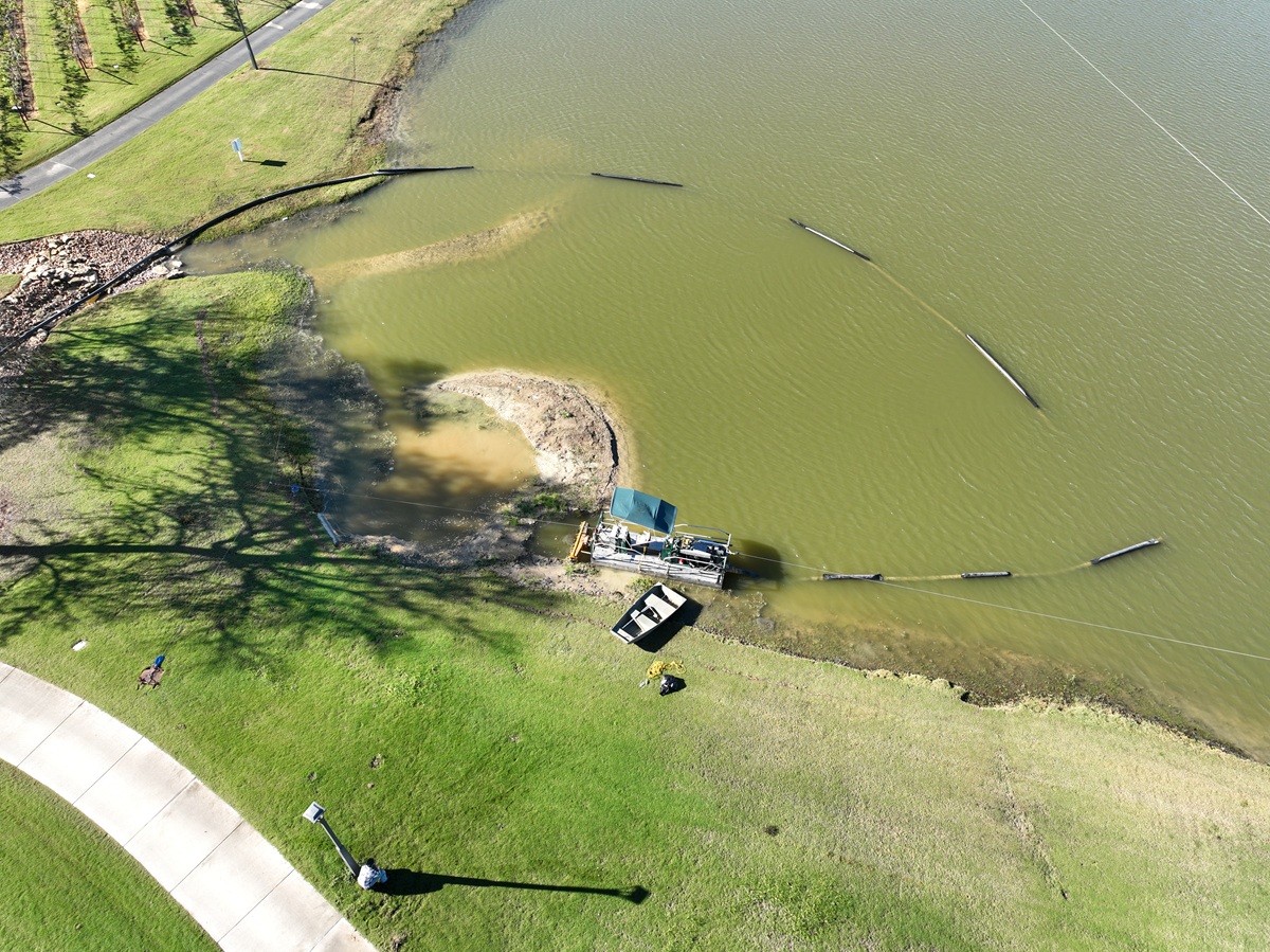 Drone shot of pond dredging project in Texas.
